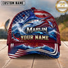 Maxcorners Fishing Graphic Sunset Lake US Flag Waves Customized Name 3D Cap