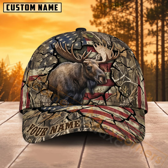 Maxcorners Moose Hunting American Flag Woodland Camo Personalized Name 3D Cap
