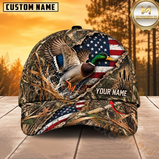 Maxcorners Hunting Wildlife Woodland Camo Torn American Flag Personalized Name 3D Cap