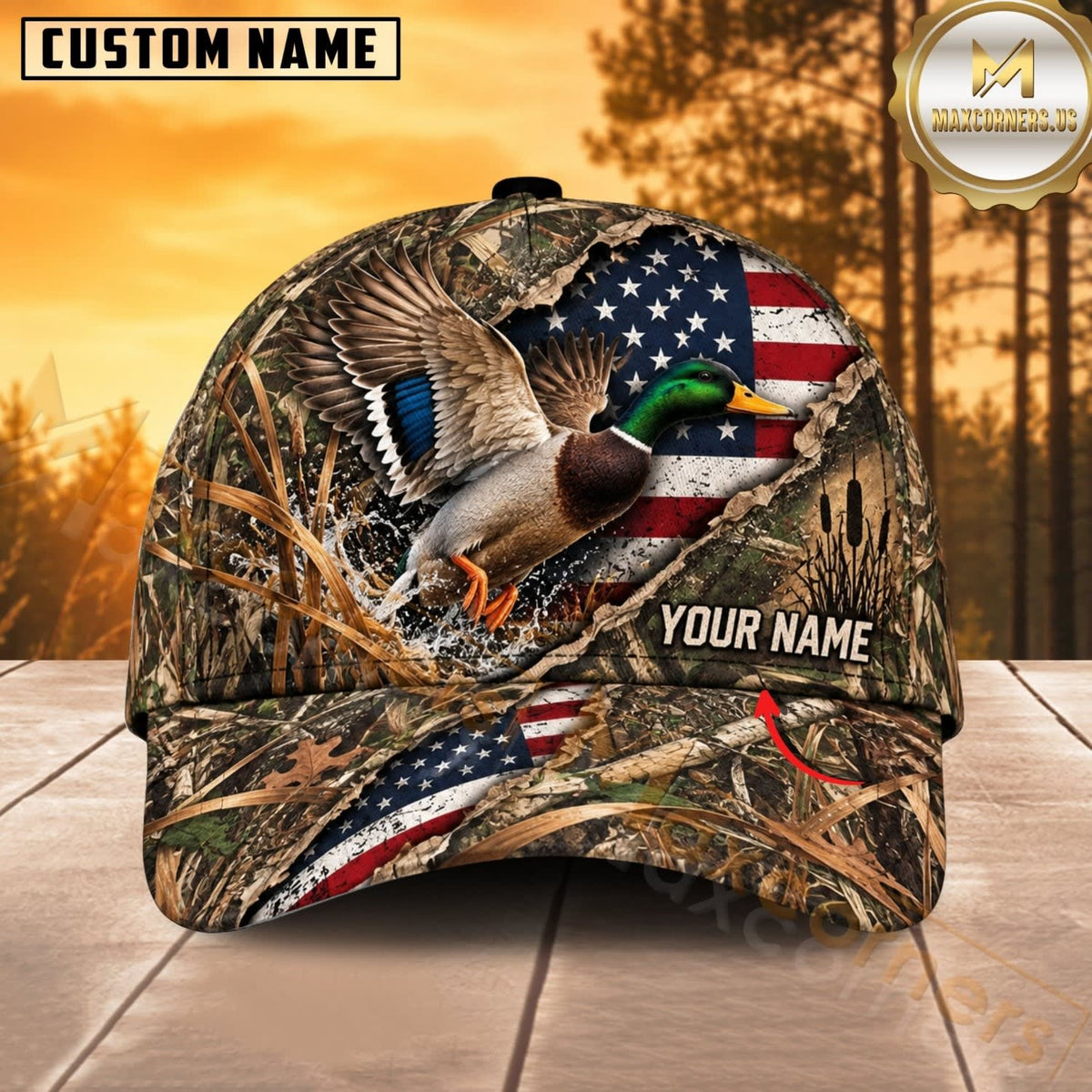 Maxcorners Hunting Wildlife Woodland Camo Torn American Flag Personalized Name 3D Cap