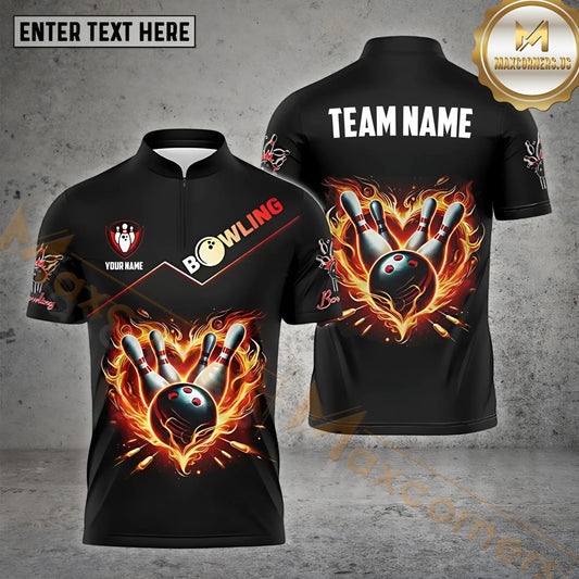 Maxcorners Bowling Ball & Pins Fire Heart Bowling Ball Multicolor Options Personalized Name, Team Name 3D Shirt (4 Colors)