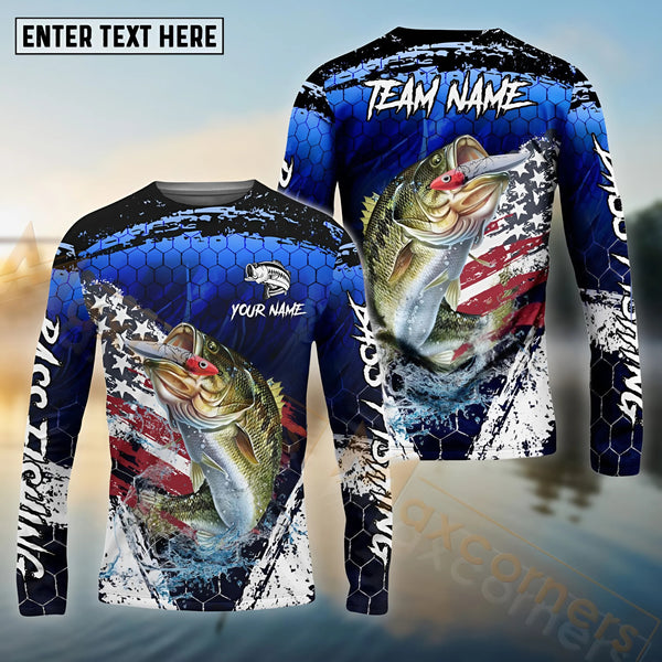 Maxcorners Bass Fishing Dark Blue Scratch American Flag Custom Name & Team Name 3D Shirts