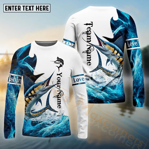 Maxcorners Marlin Fishing Water & White Pattern Sport Custom Name & Team Name 3D Shirts