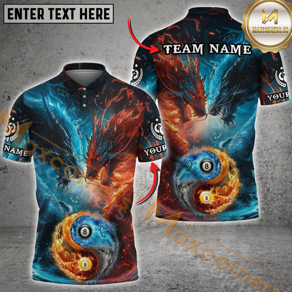 Maxcorners Ball 8 & 9 Water Dragon VS Fire Dragon Billiard Jersey Customized Name, Team Name 3D Polo Shirt