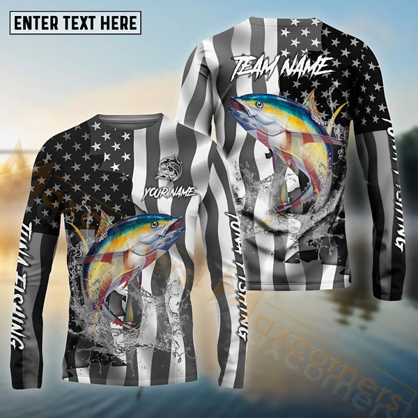 Maxcorners Tuna Fishing Black American Flag Pattern Sport Custom Name & Team Name 3D Shirts