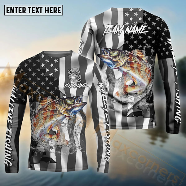 Maxcorners Walleye Fishing Black American Flag Pattern Sport Custom Name & Team Name 3D Shirts