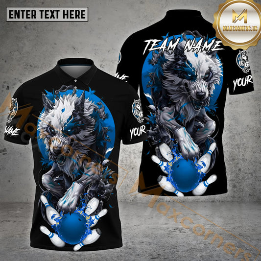 Maxcorners Bowling & Pins Wolf With Dragon Pattern Multicolor Options Personalized Name, Team Name 3D Polo Shirt (4 Colors)