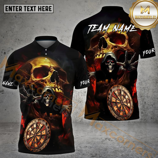 Maxcorners Retro Darts Dartboard Skull With Death Pattern Multicolor Option Customized Name, Team Name 3D Polo Shirt (4 Colors)