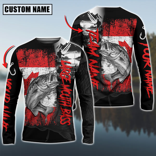 Maxcorners Large Mouth Bass Fishing Black Canada Flag Pattern Sport Custom Name & Team Name 3D Shirts