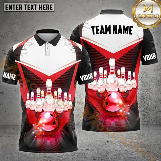 Maxcorners Dotted Pattern Light Bowling & Pins Multicolor Options Personalized Name, Team Name 3D Shirt (4 Colors)