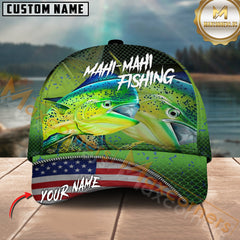 Maxcorners Mahi-Mahi Fishing Skinfish Flag Of United States Pattern Multicolor Personalized Name 3D Cap