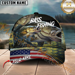 Maxcorners Largemouth Bass Fishing Skinfish Flag Of United States Pattern Multicolor Personalized Name 3D Cap