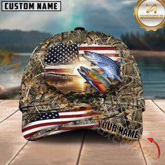 Maxcorners Trout Fishing Sunset Flag Of United States Camo Pattern Multicolor Personalized Name 3D Cap