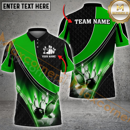Maxcorners Rays of Light Bowling & Pins Multicolor Options Personalized Name, Team Name 3D Polo Shirts (4 Colors)