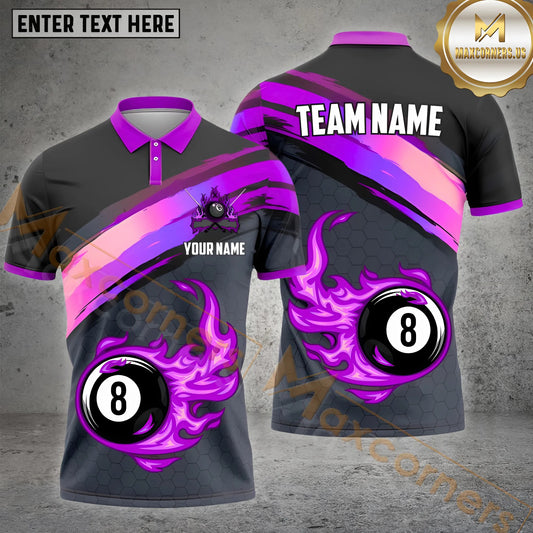 Maxcorners Hexagon Pattern Flame 8 Ball Billiard Multicolor Options Personalized Name, Team Name 3D Shirt (4 Colors)