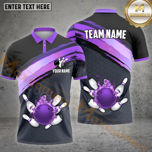 Maxcorners Hexagon Pattern Flame Bowling & Pins Multicolor Options Personalized Name, Team Name 3D Shirt (4 Colors)