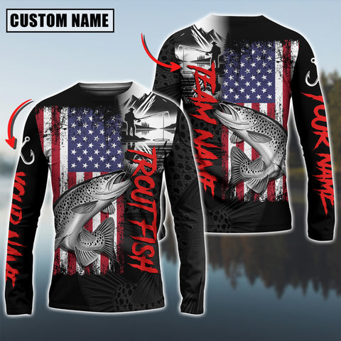 Maxcorners Trout Fish Fishing Black US Flag Pattern Sport Custom Name & Team Name 3D Shirts