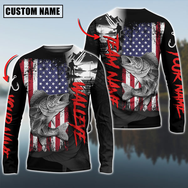 Maxcorners Walleye Fishing Black US Flag Pattern Sport Custom Name & Team Name 3D Shirts