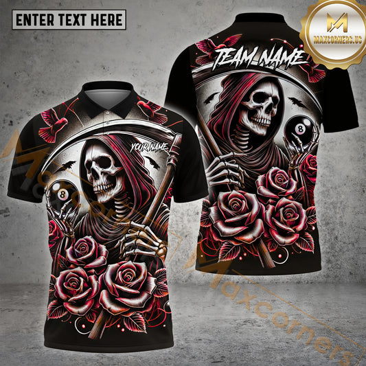 Maxcorners Billiard Rose Skeleton 8 Ball Multicolor Options Personalized Name, Team Name 3D Shirt (4 Colors)