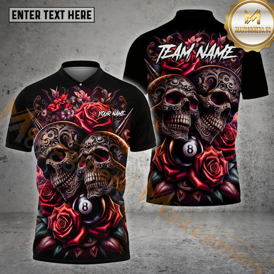 Maxcorners Billiard Gothic Skull & Rose 8 Ball Multicolor Options Personalized Name, Team Name 3D Shirt (4 Colors)