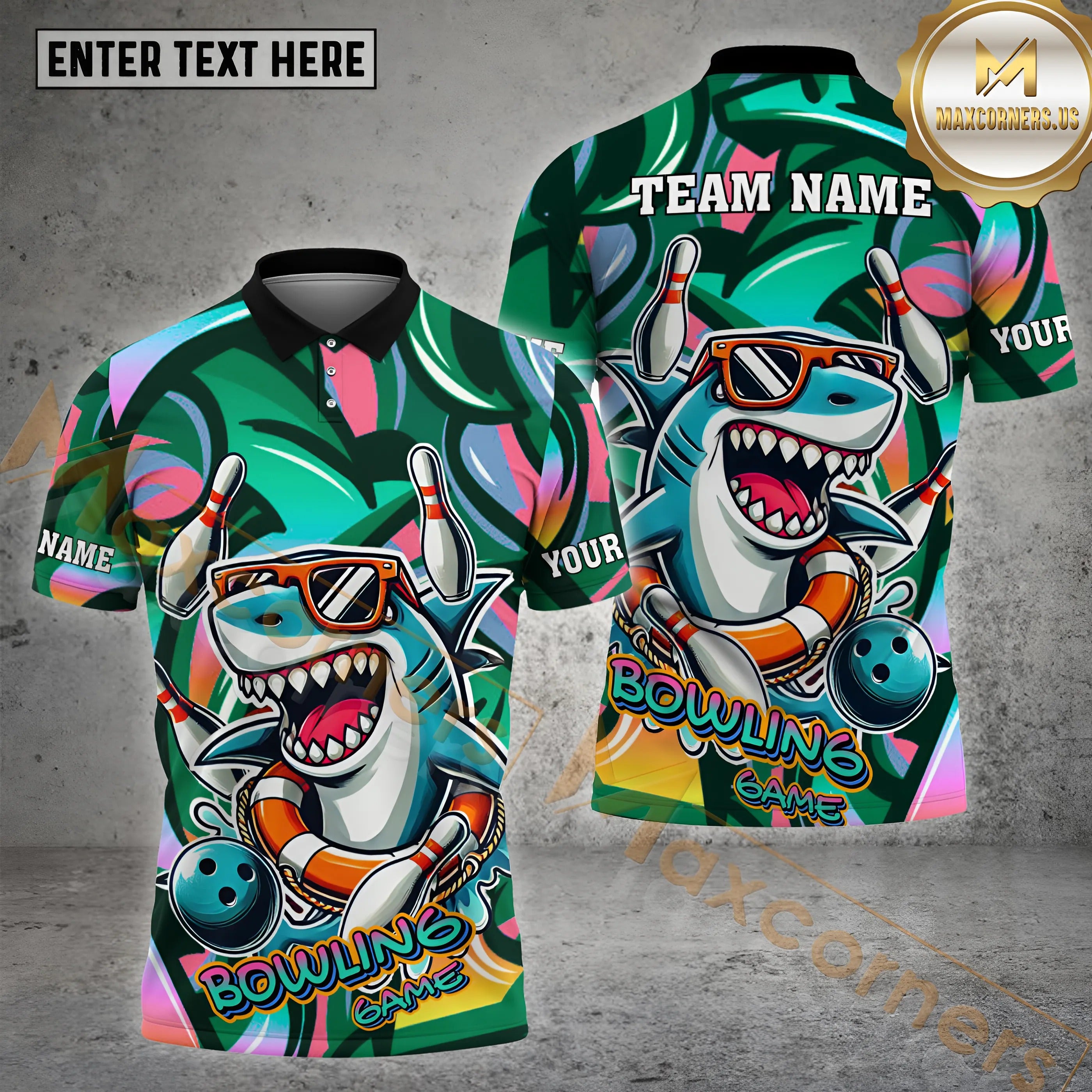 Custom Bowling Shirt with Funny Shark Design – Graffiti Style, Unisex 3D Bowling Jersey with Name & Team Options