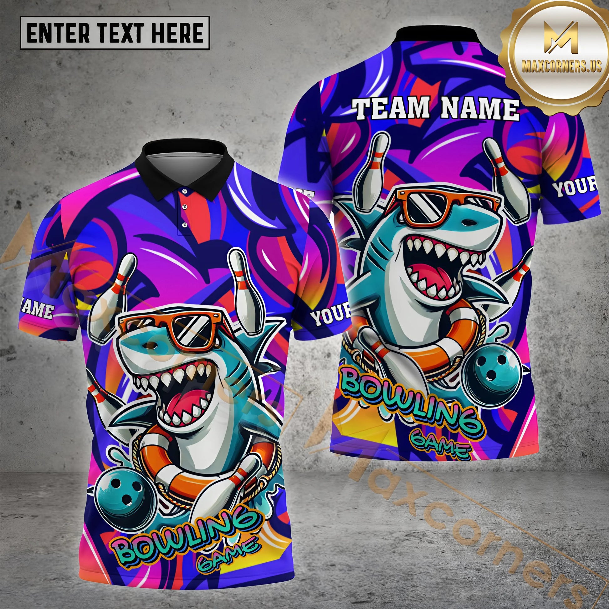 Personalized Bowling Jersey with Shark Graphic – Multicolor Graffiti 3D Shirt for Bowling Teams & League Players
