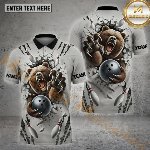 MaxCorners Bear Bowling Customized Name, Team Name 3D Polo Shirt