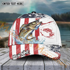 Maxcorners Walleye Fishing Red Blue Seawwave American Flag Pattern Sport Pattern Personalized Name 3D Cap MT173