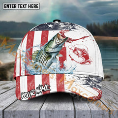 Maxcorners Striped Bass FishingRed Blue Seawwave American Flag Pattern Sport Pattern Personalized Name 3D Cap MT173