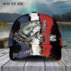 Maxcorners Striped Bass FishingPaint Scratch American Flag Pattern Sport Pattern Personalized Name 3D Cap MT173
