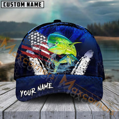 Maxcorners Mahi-Mahi Fishing Dark Blue Scratch American Flag Pattern Sport Pattern Personalized Name 3D Cap MT173