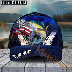 Maxcorners Tuna Fishing Dark Blue Scratch American Flag Pattern Sport Pattern Personalized Name 3D Cap MT173