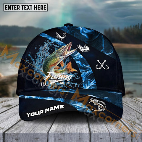 Maxcorners Pike Fishing Blue Smoke Sport Pattern Personalized Name 3D Cap