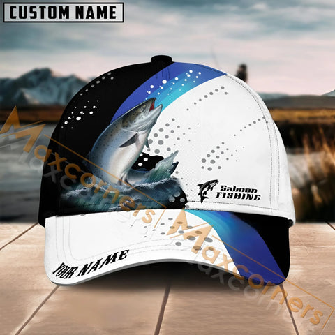 Maxcorners Salmon Fishing Blue Camo Sport Pattern Personalized Name 3D Cap