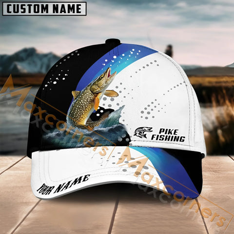 Maxcorners Pike Fishing Blue Camo Sport Pattern Personalized Name 3D Cap