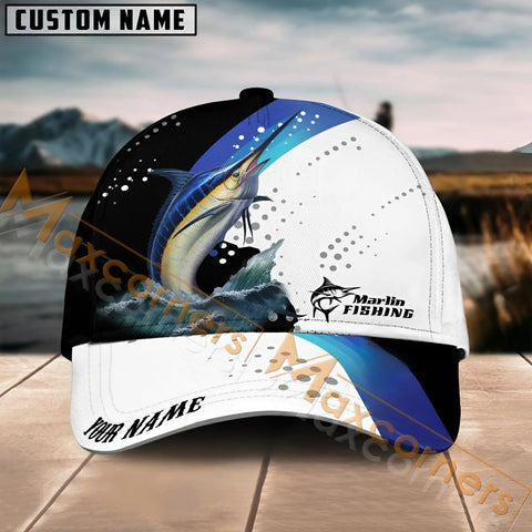 Maxcorners Marlin Fishing Blue Camo Sport Pattern Personalized Name 3D Cap