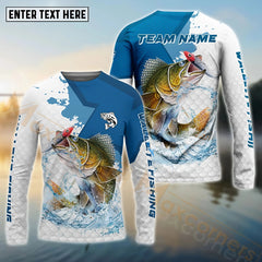 Maxcorners Walleye Fishing White Fin Blue Paint Pattern Sport Custom Name & Team Name 3D Shirts