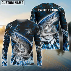 Maxcorners Pike Fishing Dark Grunge Blue Pattern Sport Custom Name & Team Name 3D Shirts