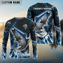 Maxcorners Striped Bass Fishing Dark Grunge Blue Pattern Sport Custom Name & Team Name 3D Shirts