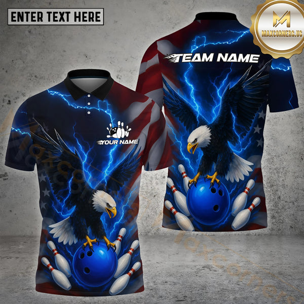 Maxcorners Blue Thunder Bowling Eagle US Flag Patriotic Crack Customized Name, Team Name 3D Polo Shirt