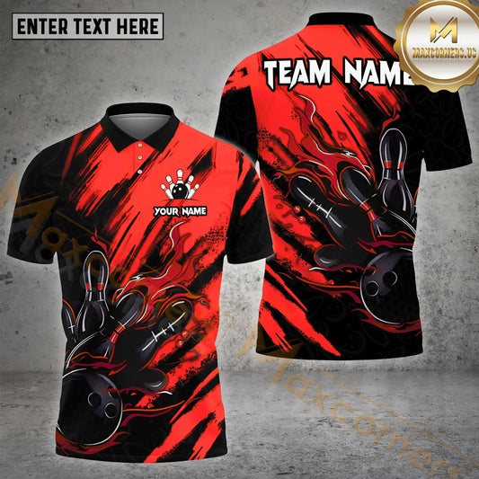 Maxcorners Bowling & Pins Color Paint Pattern  Multicolor Option Customized Name, Team Name 3D Polo Shirt (4 Colors)