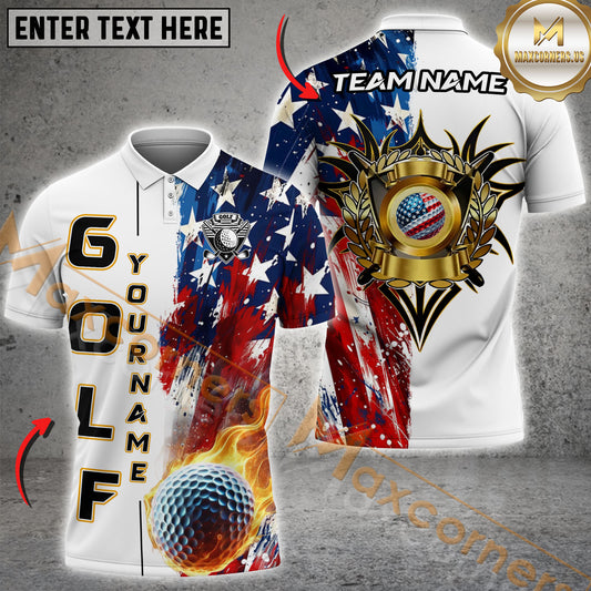 Maxcorners Golf American Flag Flaming Ball Multicolor Options Personalized Name, Team Name 3D Shirt (4 Colors)