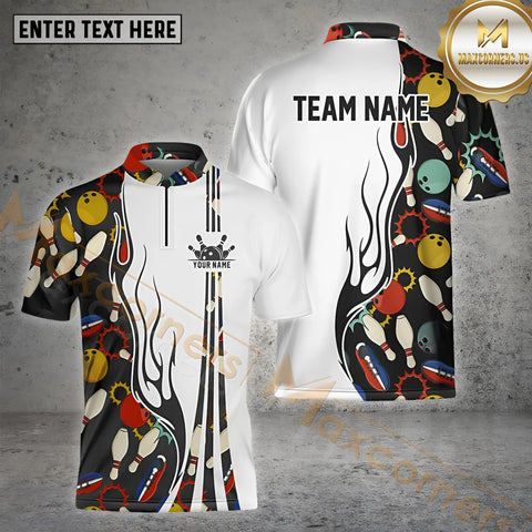 Maxcorners Bowling Icons Color Flame White Base Personalized Name, Team Name 3D Shirt