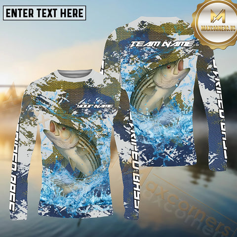 Maxcorners Striped Bass Fishing White Hooked on Victory Personalized Name, Team Name Long Sleeve Shirt