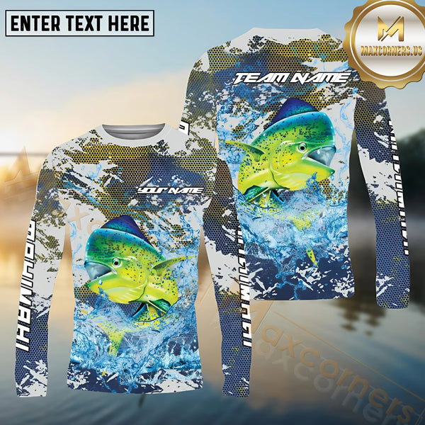 Maxcorners Mahi-Mahi Fishing White Hooked on Victory Personalized Name, Team Name Long Sleeve Shirt