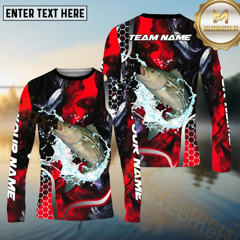 Maxcorners Striped Bass Fishing Red 3D Splash Art Pattern Sport Jersey Personalized Name, Team Name Long Sleeve Shirt