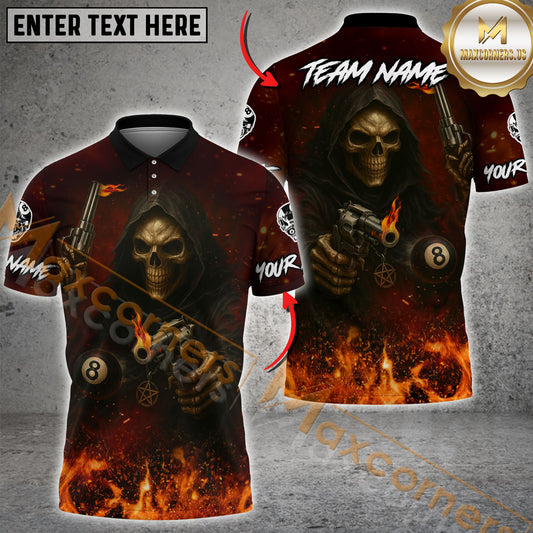 Maxcorners Grim Reaper Billiards Shirt Flaming Skull & Gun Multicolor Options Personalized Name, Team Name 3D Shirt (4 Colors)
