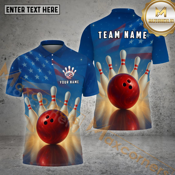 Maxcorners American Flag Lightning Bowling Jersey Customized Name, Team Name 3D Polo Shirt