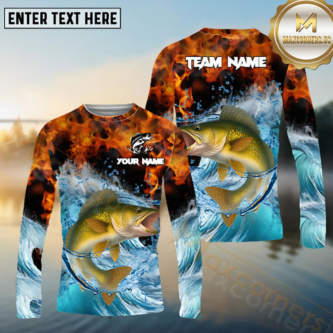 Maxcorners Walleye Fishing Sea Fire Pattern Pattern Sport Jersey Personalized Name, Team Name Long Sleeve Shirt
