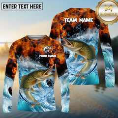 Maxcorners Pike Fishing Sea Fire Pattern Pattern Sport Jersey Personalized Name, Team Name Long Sleeve Shirt